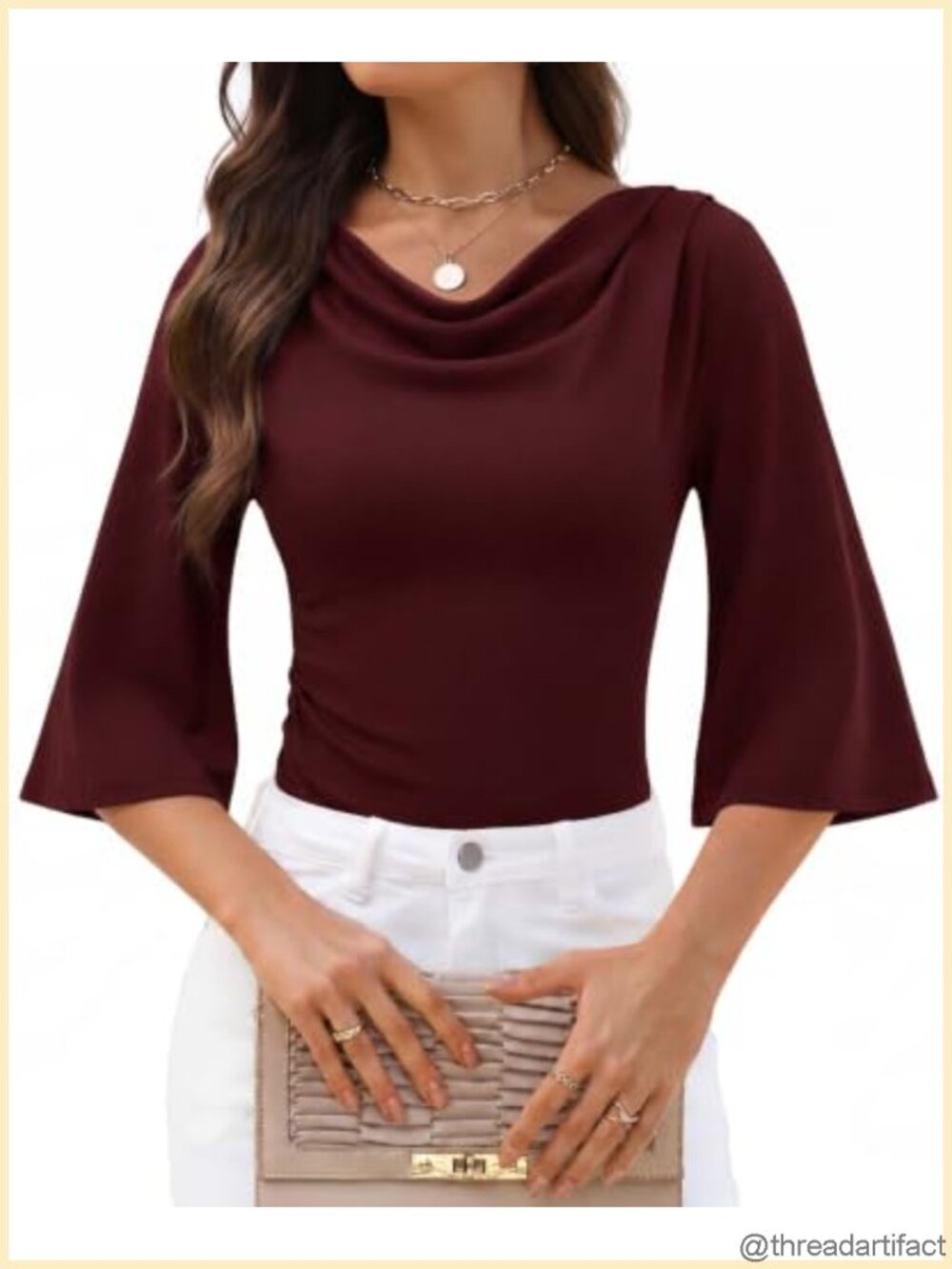Women Cowl Neck 3/4 Sleeve Blouse Slim Fit Business Casual Dressy Top